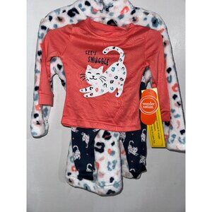 Babys 3-Piece Set: Coral Long Sleeve Shirt With "Lets Snuggle" Cat Graphic & Blu